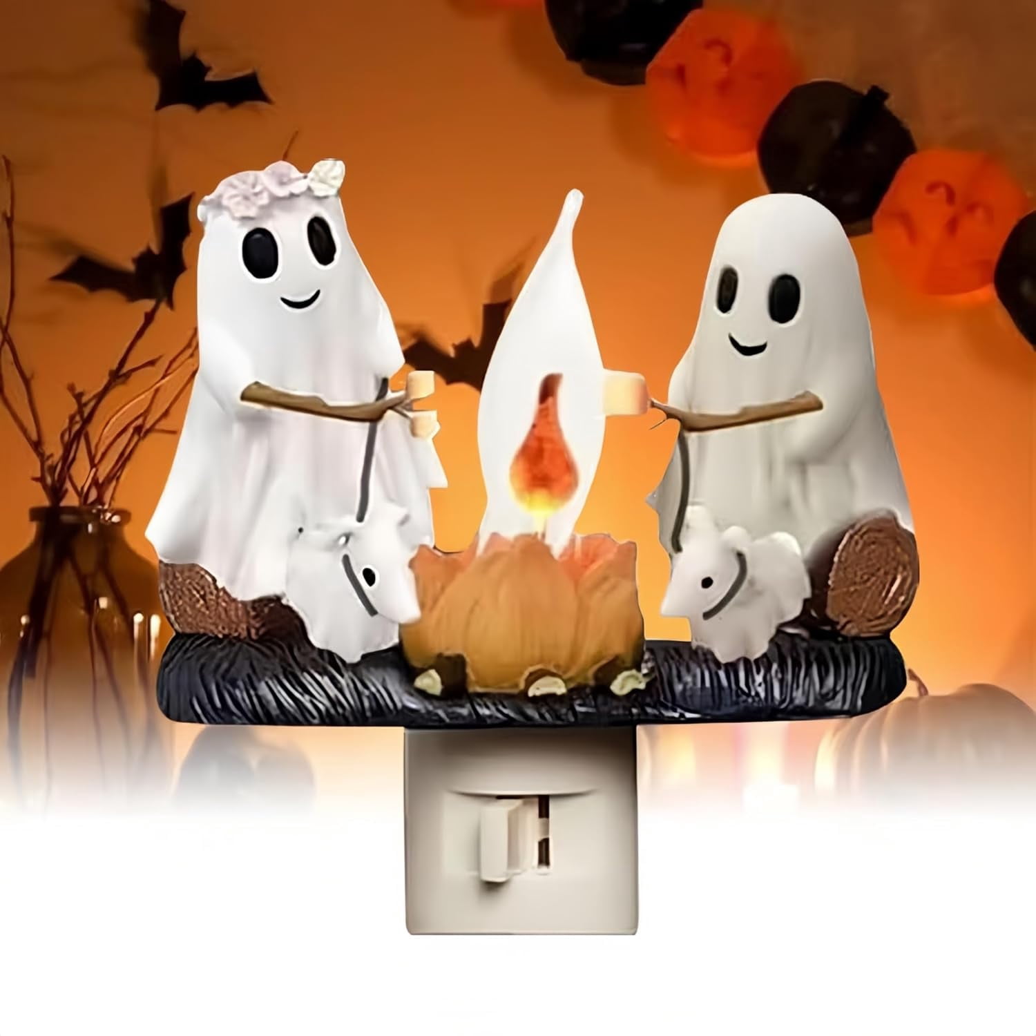 1PCS Ghost Campfire Nightlight, 2024 Ghost Roasting Marshmallows Night Light, Halloween Nightlight Flickering Firelight Indoor Decorations Lamp (Ghost&Dog)