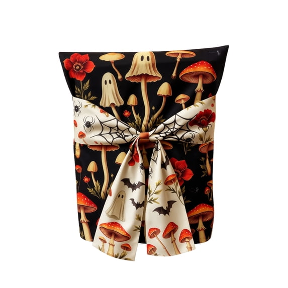 Vintage Spooky Mushroom Ghost Print Chair Cover, Decorative Bow Halloween Chair Protector for Dining Chair Decor, Halloween Party Dining Chair Ornament