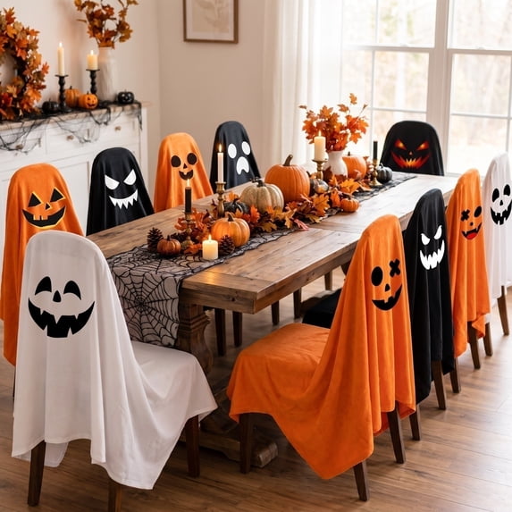 Halloween Ghost Chair Cover, Scary Pumpkin Face Chair Cloth for Holiday Dinner Home Decor, Spooky Dining Chair Decor for Halloween Party Indoor Outdoor Decorations