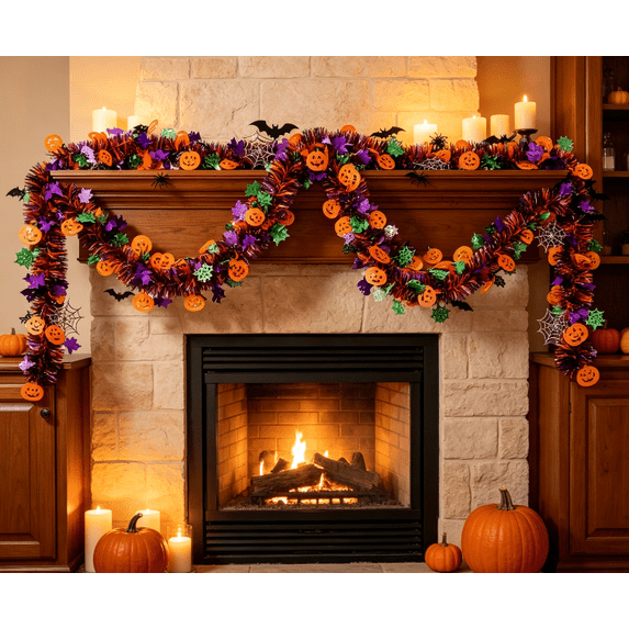 1PCS Halloween Tinsel Garland with Orange Pumpkins Purple Bats Black Spider Accents, Metallic Foil Twist Garland for Halloween Tree Mantel Porch Party Decor,78.74 Inch