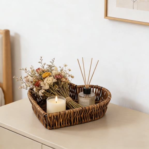 1PCS Heart Shaped Rattan Basket, Small/Middle/Large Heart-Shaped Woven Storage Basket Simulation Rattan Basket Serving Display Basket Multi-Purpose Fruit Basket, Valentines Day Decorations for Home