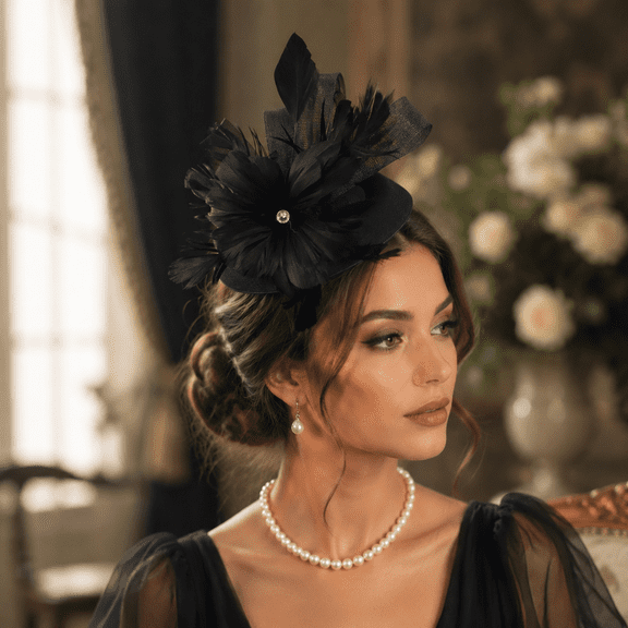 1PCS JINXI Headwear Series Elegant Mini Fascinator Hat Woven Fabric Feather Flower Rhinestone Formal Occasion Headpiece