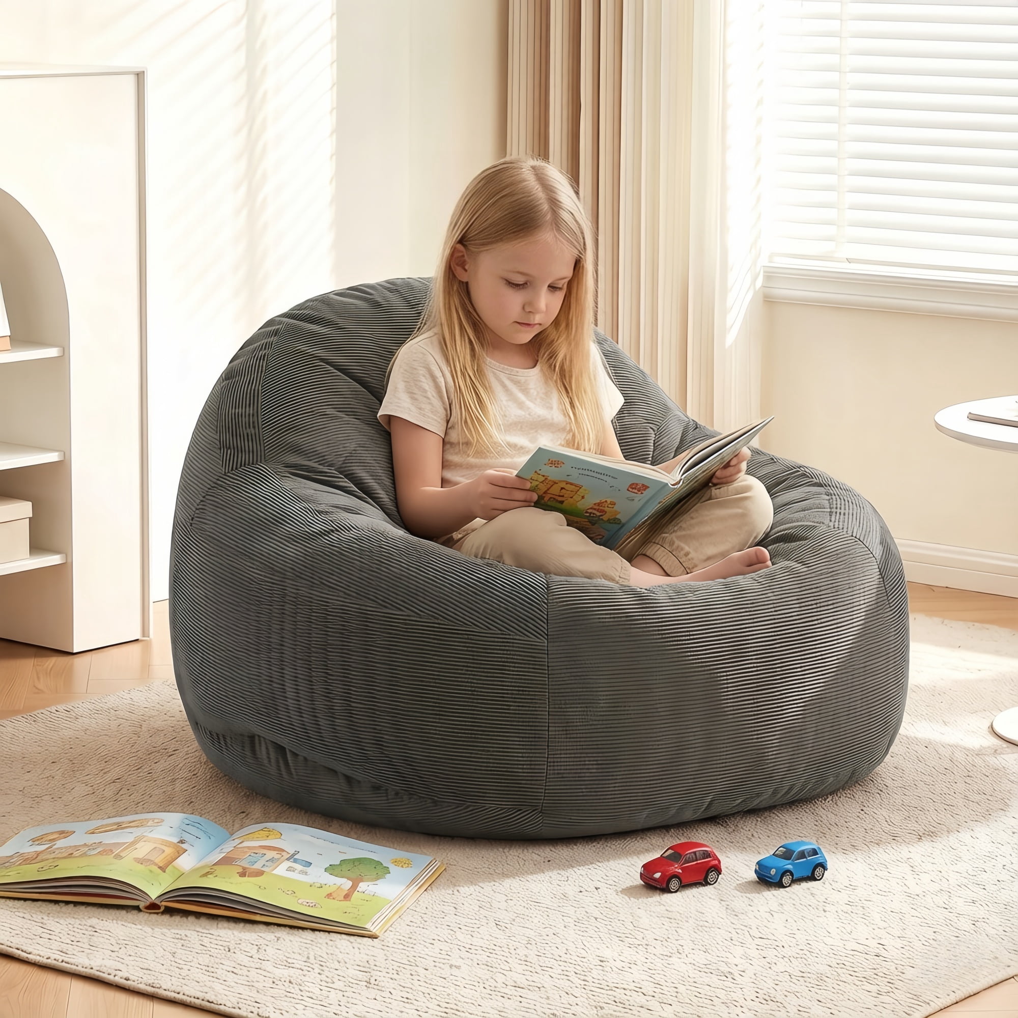 1PCS Kids Bean Bag Chair with Foam Filler, Corduroy Upholstered Bean Bag Sofa, No-Assembly Lazy Reading Chair
