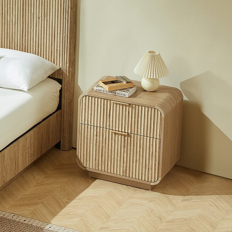 1PCS Modern Wavy Fluted-Design Nightstand Table with 2 Drawers, Curved Versatile Bedside Small Storage Cabinet