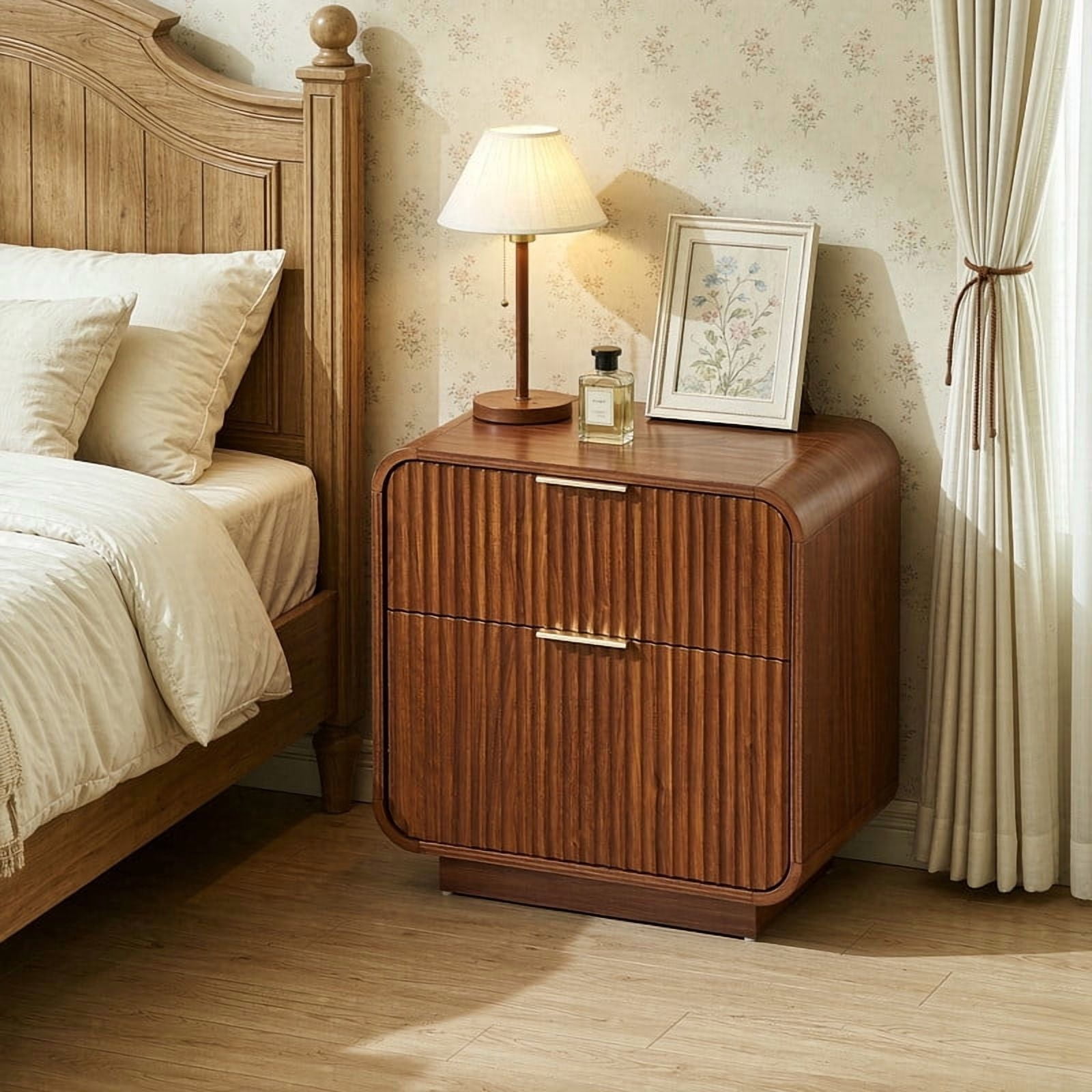 1PCS Modern Wavy Fluted-Design Nightstand Table with 2 Drawers, Curved Versatile Bedside Small Storage Cabinet