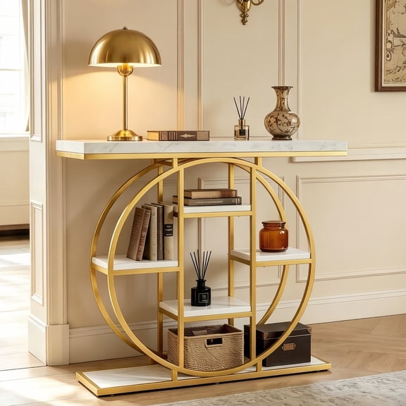 1PCS Multi-Tier Shelving Chic Console Table, Entryway Storage Display Table, Accent Sofa Table with Circular Base