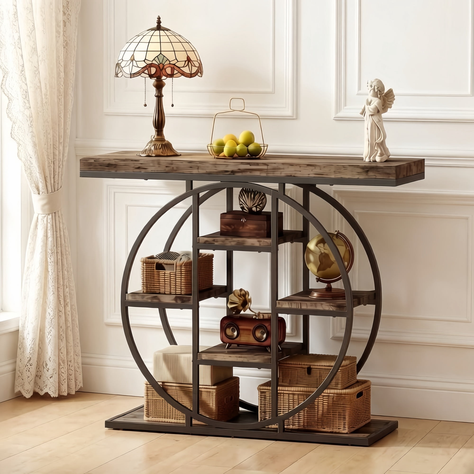 1PCS Multi-Tier Shelving Chic Console Table, Entryway Storage Display Table, Accent Sofa Table with Circular Base