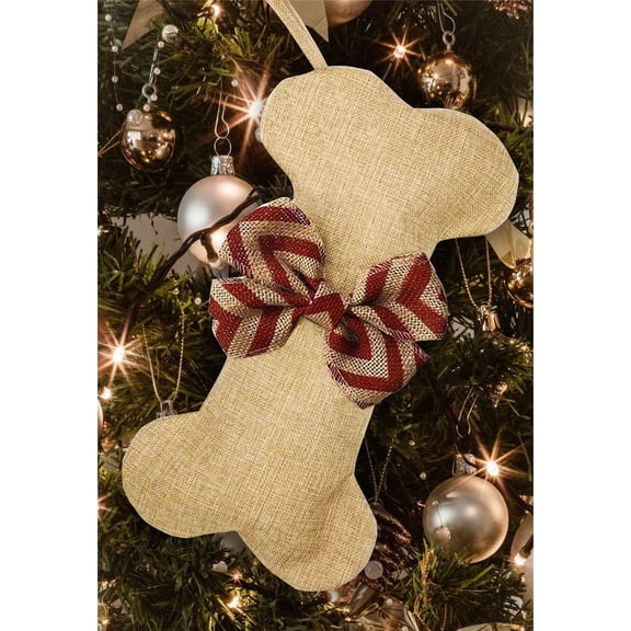 1PCS New Linen Large Christmas Stocking for Dogs Cats Pets Jute Natural Burlap Dog Bone Shape Hanging Dog Christmas Stocking