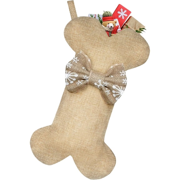 1PCS New Linen Large Christmas Stocking for Dogs Cats Pets Jute Natural Burlap Dog Bone Shape Hanging Dog Christmas Stocking