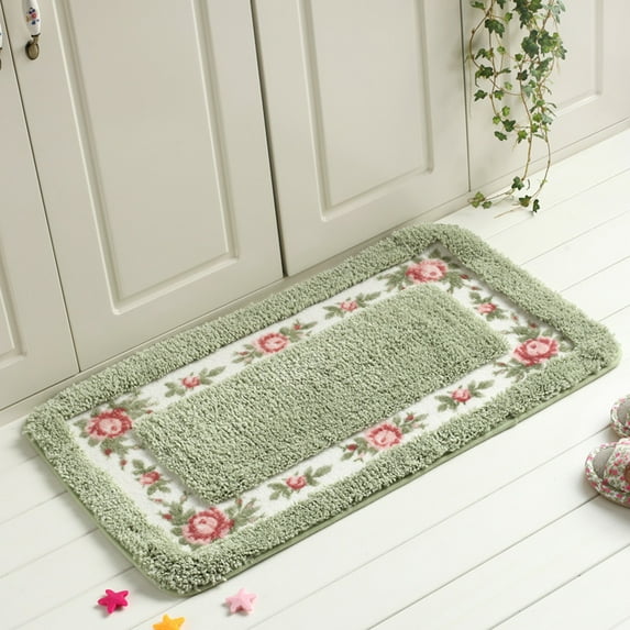 1PCS Non-Skid Floral Rose Bathroom Contour Rugs Door Floor Mats - Green