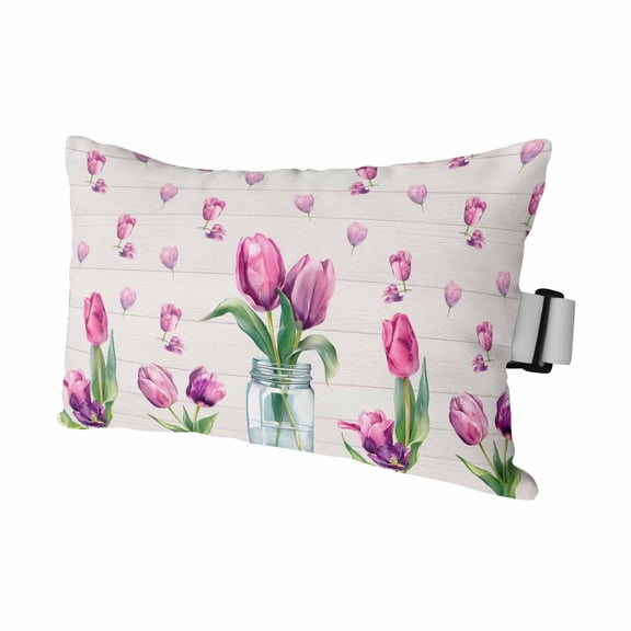 1PCS Outdoor Pillow for Chaise Lounge Chair Country Pink Tulips Glass Vase Waterproof Headrest Cushion with Insert Pastoral Petals Wood Plank Adjustable Lumbar Pillow for Beach Patio Poolside Office