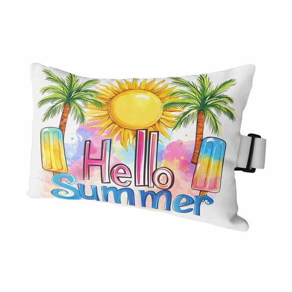 1PCS Outdoor Pillow for Chaise Lounge Chair Hello Summer Text Sun Palm Tree Waterproof Headrest Cushion with Insert Colorful Ocean Seaside Theme Lumbar Pillow for Beach Patio Poolside Office