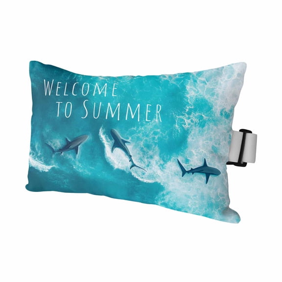 1PCS Outdoor Pillow for Chaise Lounge Chair Ocean Shark Welcome to Summer Text Waterproof Headrest Cushion with Insert Watercolor Marine Theme Adjustable Lumbar Pillow for Beach Patio Poolside Office