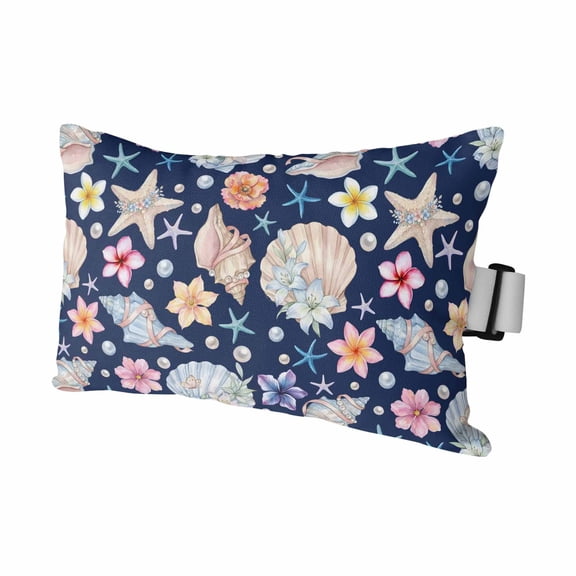 1PCS Outdoor Pillow for Chaise Lounge Chair Ocean Starfish Shell Conch Pearl Waterproof Headrest Cushion with Insert Summer Flower Navy Blue Back Adjustable Lumbar Pillow for Beach Patio,11x16in