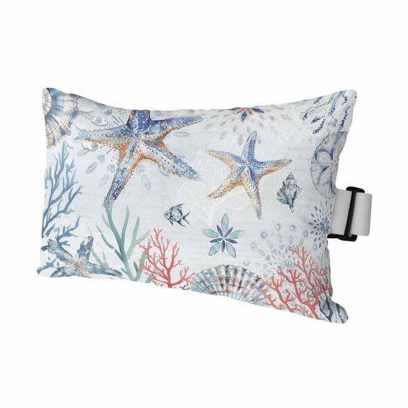1PCS Outdoor Pillow for Chaise Lounge Chair Summer Ocean Starfish Coral Shell Waterproof Headrest Cushion with Insert Retro Blue Letter Adjustable Lumbar Pillow for Beach Patio Poolside Office