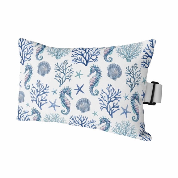 1PCS Outdoor Pillow for Chaise Lounge Chair Watercolor Blue Ocean Life Coral Waterproof Headrest Cushion with Insert Summer Marine Seahorse Shell Lumbar Pillow for Beach Patio Poolside Office