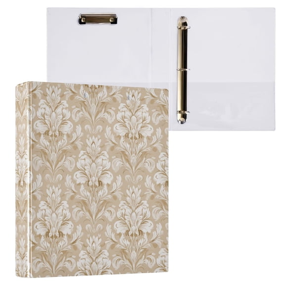 1PCS PVC Hard D-Ring 3 Hole Folder Multifunctional Writing Board File Binder Beige Damask Pattern White