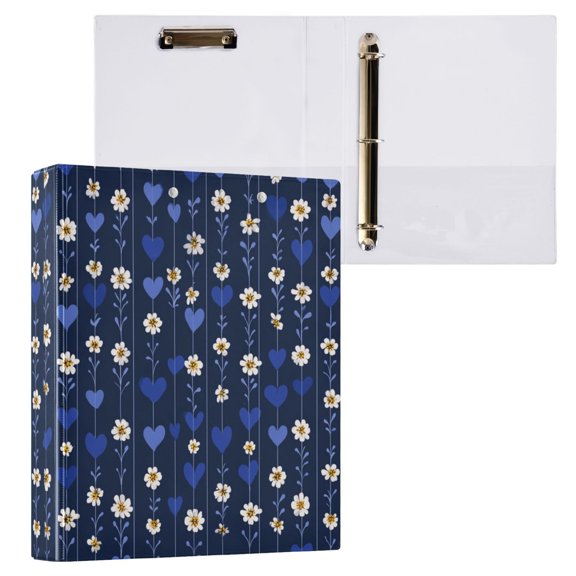 1PCS PVC Hard D-Ring 3 Hole Folder Multifunctional Writing Board File Binder Dark Blue Daisy Pattern