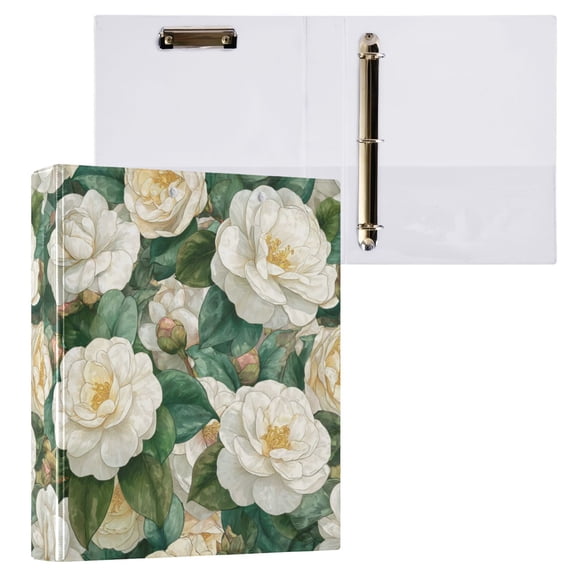 1PCS PVC Hard D-Ring 3 Hole Folder Multifunctional Writing Board File Binder Pure White Camellia Blooms