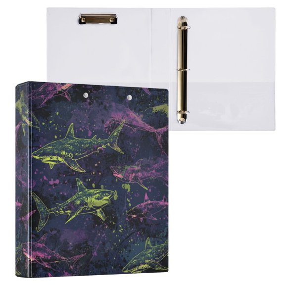 1PCS PVC Hard D-Ring 3 Hole Folder Multifunctional Writing Board File Binder Rock Roll Shark Pattern