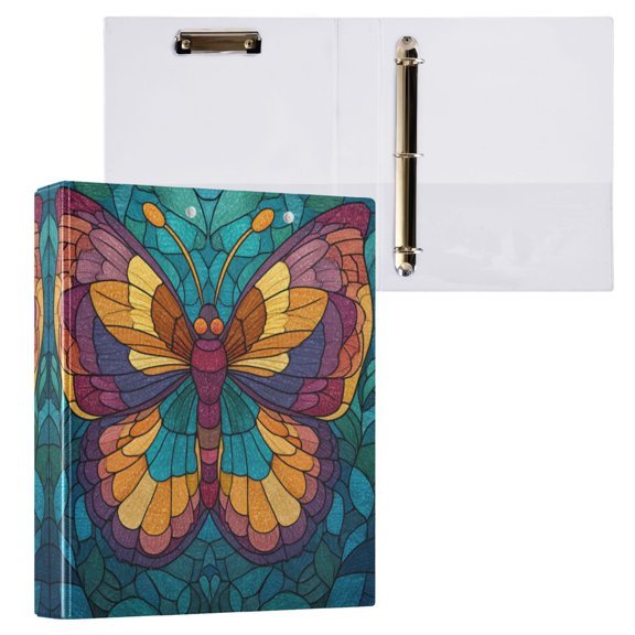 1PCS PVC Hard D-Ring 3 Hole Folder Multifunctional Writing Board File Binder Stained Glass Butterfly