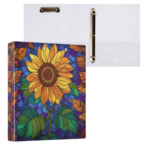 1PCS PVC Hard D-Ring 3 Hole Folder Multifunctional Writing Board File Binder Stained Glass Sunflower