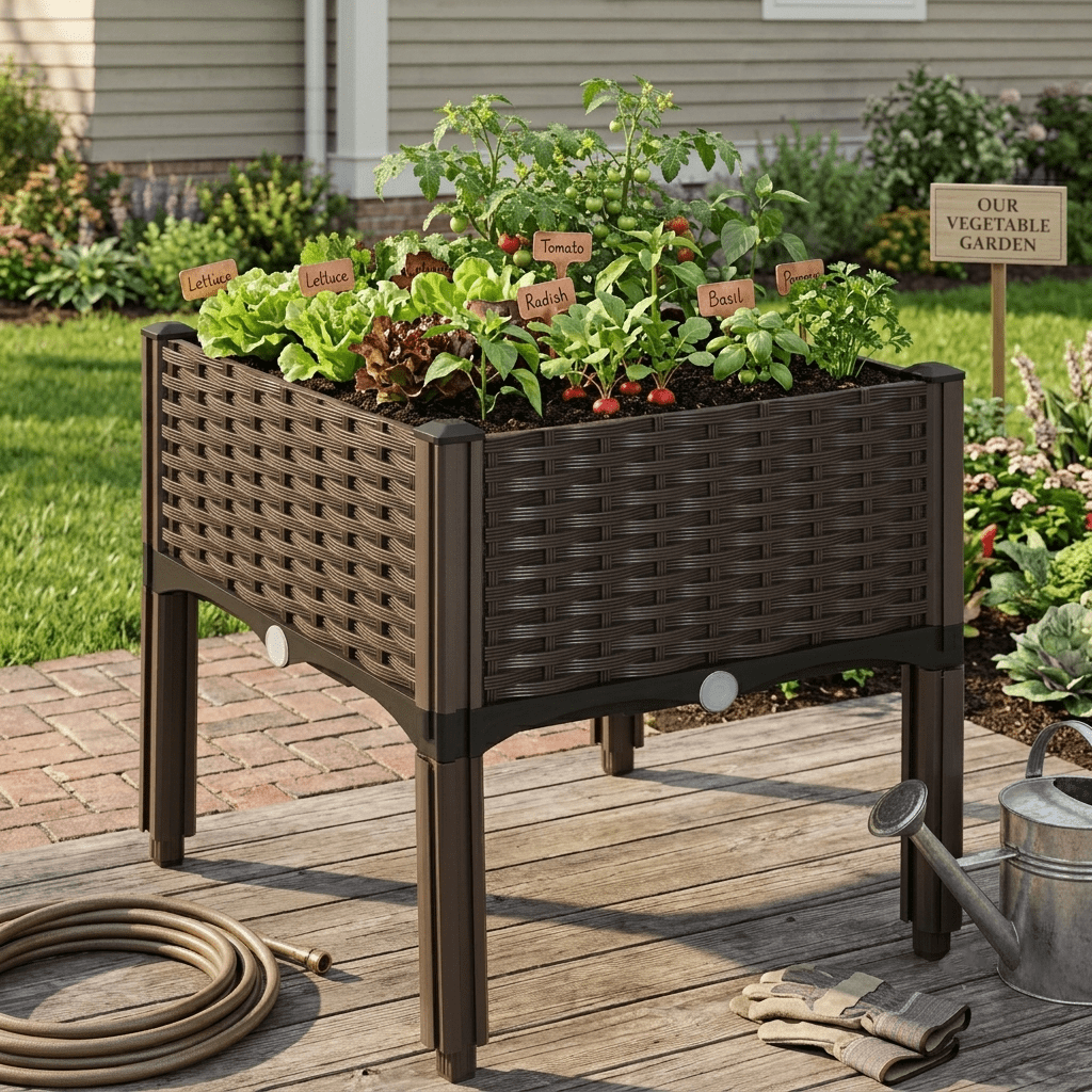 1PCS Raised Garden Bed with Legs,Elevated Self-Watering Planter Box for Herbs,Vegetables & Flowers,Outdoor Plastic Planter,Brown
