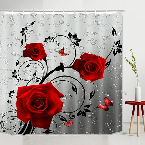 1PCS Red Rose Shower Curtain, Polyester Waterproof Fabric Shower Curtain, Romantic 3D Digital Printing Shower Curtain with 12 Hooks, 71x71in