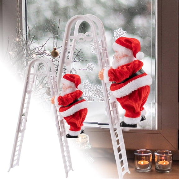 1PCS(Red&White)Climbing Santa Ornament with Music & Lights - Animated Moving Christmas Decor for Home/Office, Santa Climbs Ladder with Sound Effects