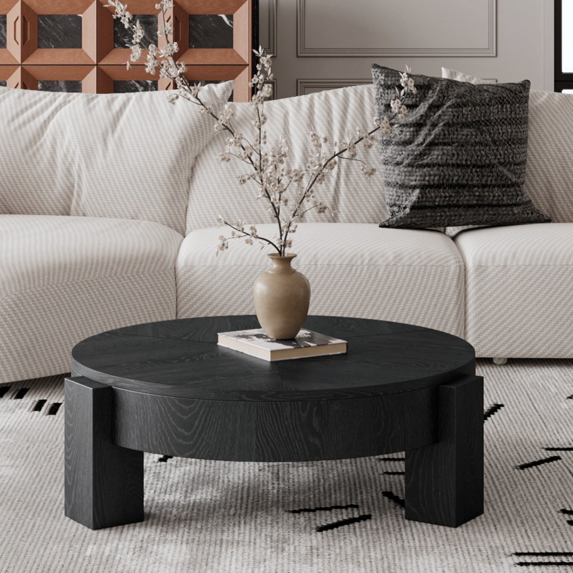 1PCS Round Coffee Table with Hidden Storage Compartment, Modern Wood Veneer Accent Center End Table with 3 Block Legs
