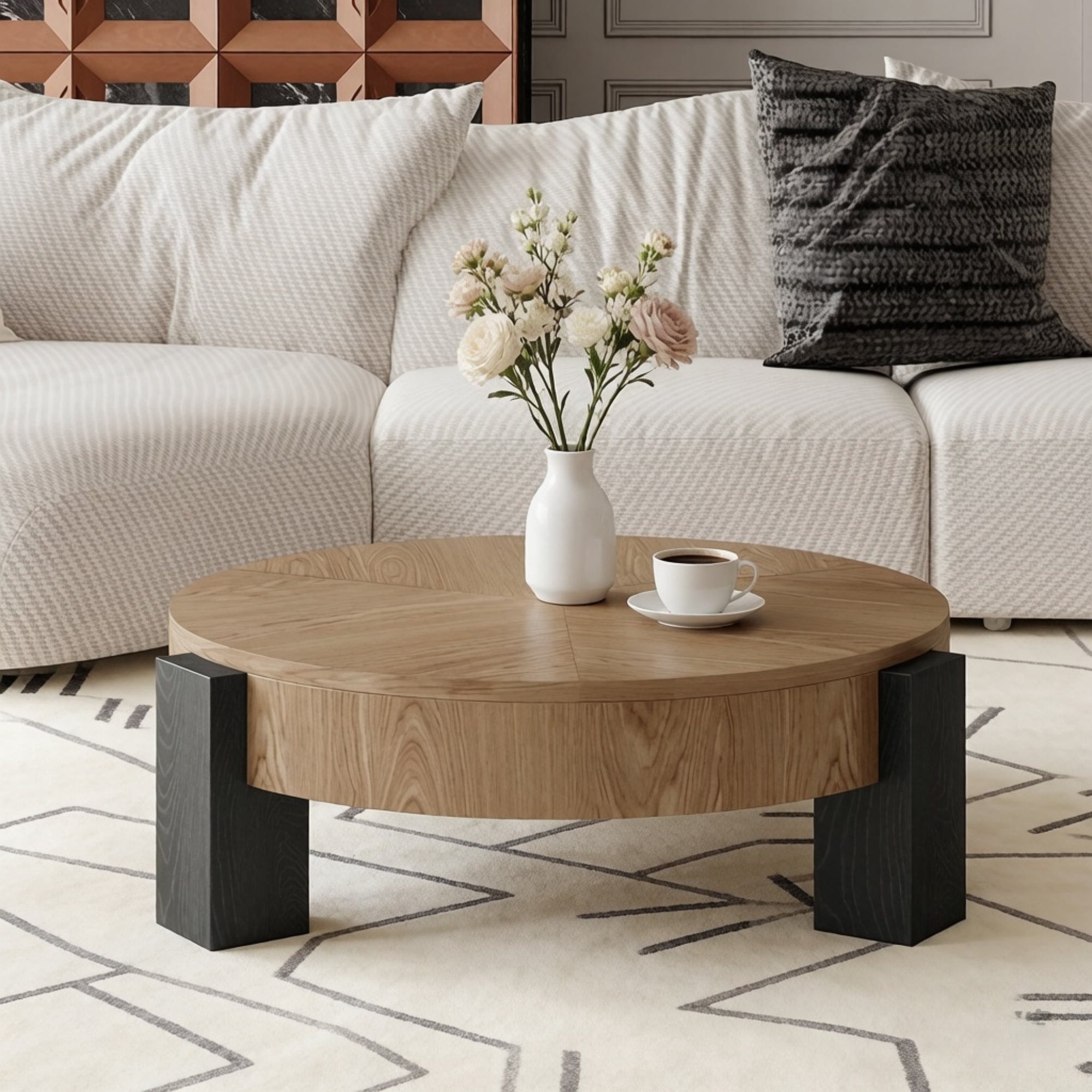 1PCS Round Coffee Table with Hidden Storage Compartment, Modern Wood Veneer Accent Center End Table with 3 Block Legs