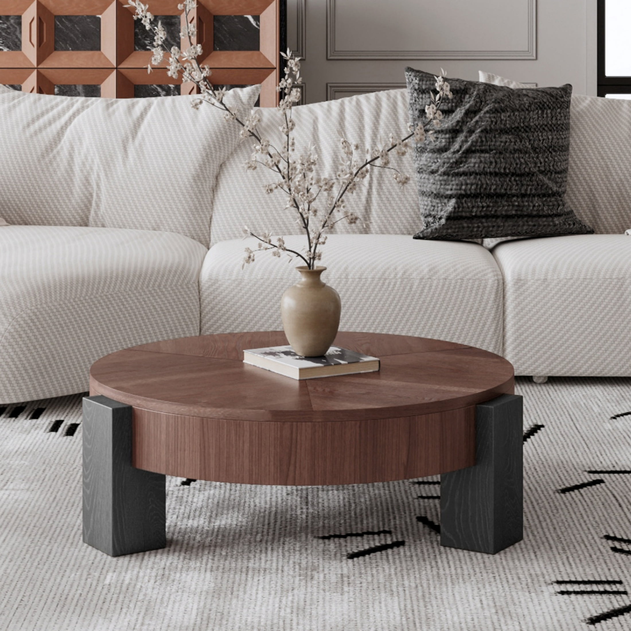 1PCS Round Coffee Table with Hidden Storage Compartment, Modern Wood Veneer Accent Center End Table with 3 Block Legs