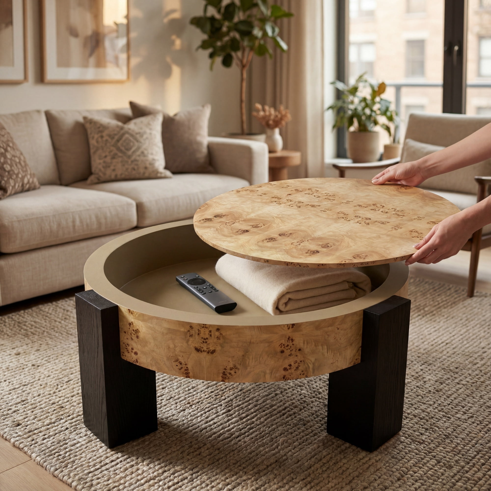 1PCS Round Coffee Table with Hidden Storage Compartment, Modern Wood Veneer Accent Center End Table with 3 Block Legs