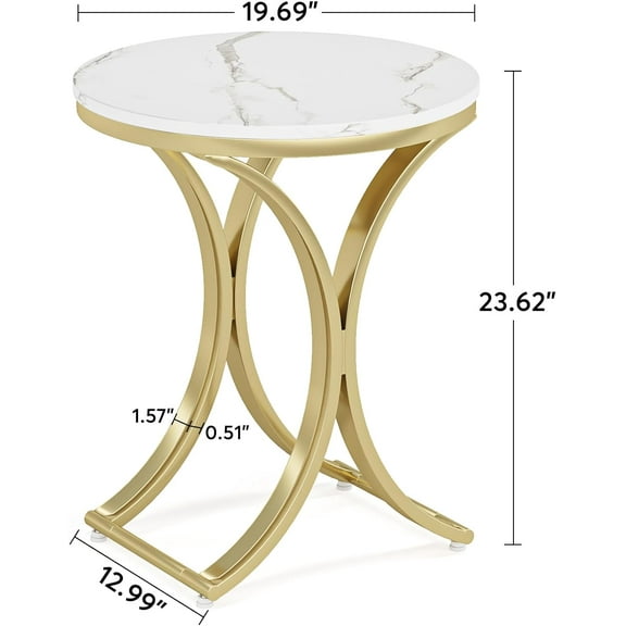 1PCS Round Side Table Faux Marble Top Gold Metal Legs, Modern End Table Nightstand for Living Room, Bedroom (Particle Board + Powder-Coated Iron Frame)
