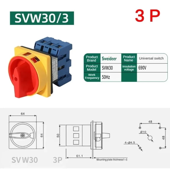 1PCS SVW30 Changeover Switch 3P 4P 690V 25/32/40/63/80/100A Padlock Disconnect Selector with ON-OFF Panel Power Control Replace LW30