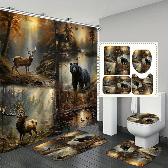 1PCS/ Set Rustic Cabin Shower Curtain, Foggy Woodland Deer Elk Moose Black Bear Mallard Duck Wildlife Lodge Country Farmhouse Bathroom Decor 66x72