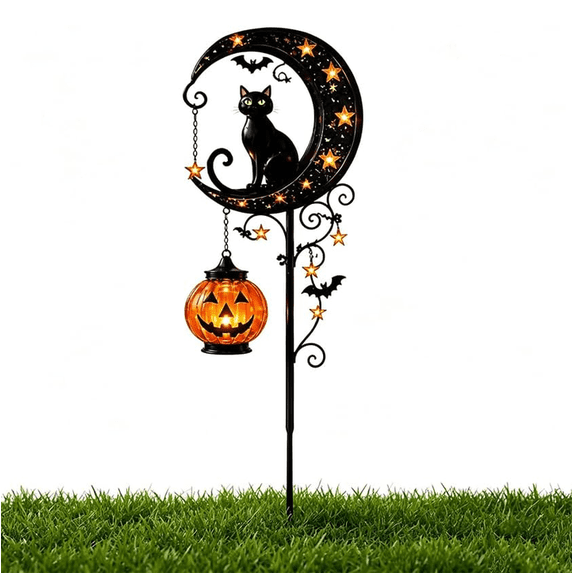 1PCS Solar Halloween Black Cat & Pumpkin Moon Garden Stake Light, Waterproof LED pathway light, outdoor seasonal yard decor (B)