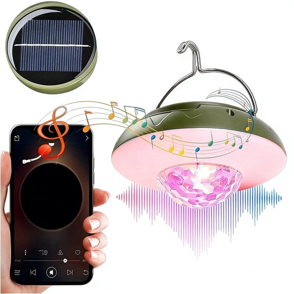 1PCS Solar camping light with DJ disco ball, RGB color changing LED tent light, music synchronized strobe party light, USB charging portable hanging light, outdoor waterproof