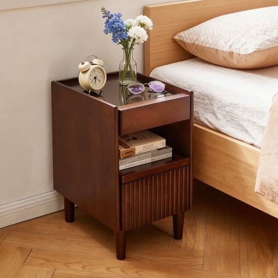 1PCS Solid Wood Nightstand with Drawers and Pull-Out Panel, Bedside Storage Table with Glass Flip Top, Sofa Side Table