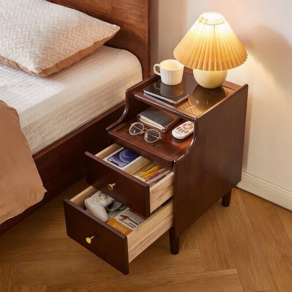 1PCS Solid Wood Nightstand with Drawers and Pull-Out Panel, Bedside Storage Table with Glass Flip Top, Sofa Side Table