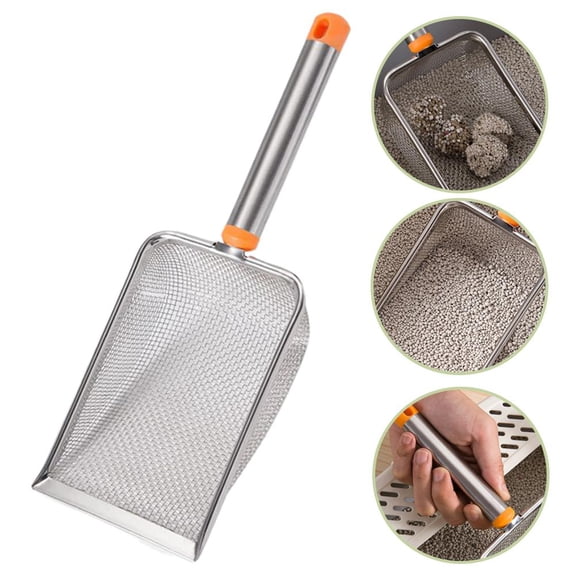 1PCS Stainless Steel Cat Litter Scoop, Long Handle Metal Mesh Sifter, Fine 2.8mm Grid Corner Shovel for Cat Box, Reptile Terrarium Sand Waste