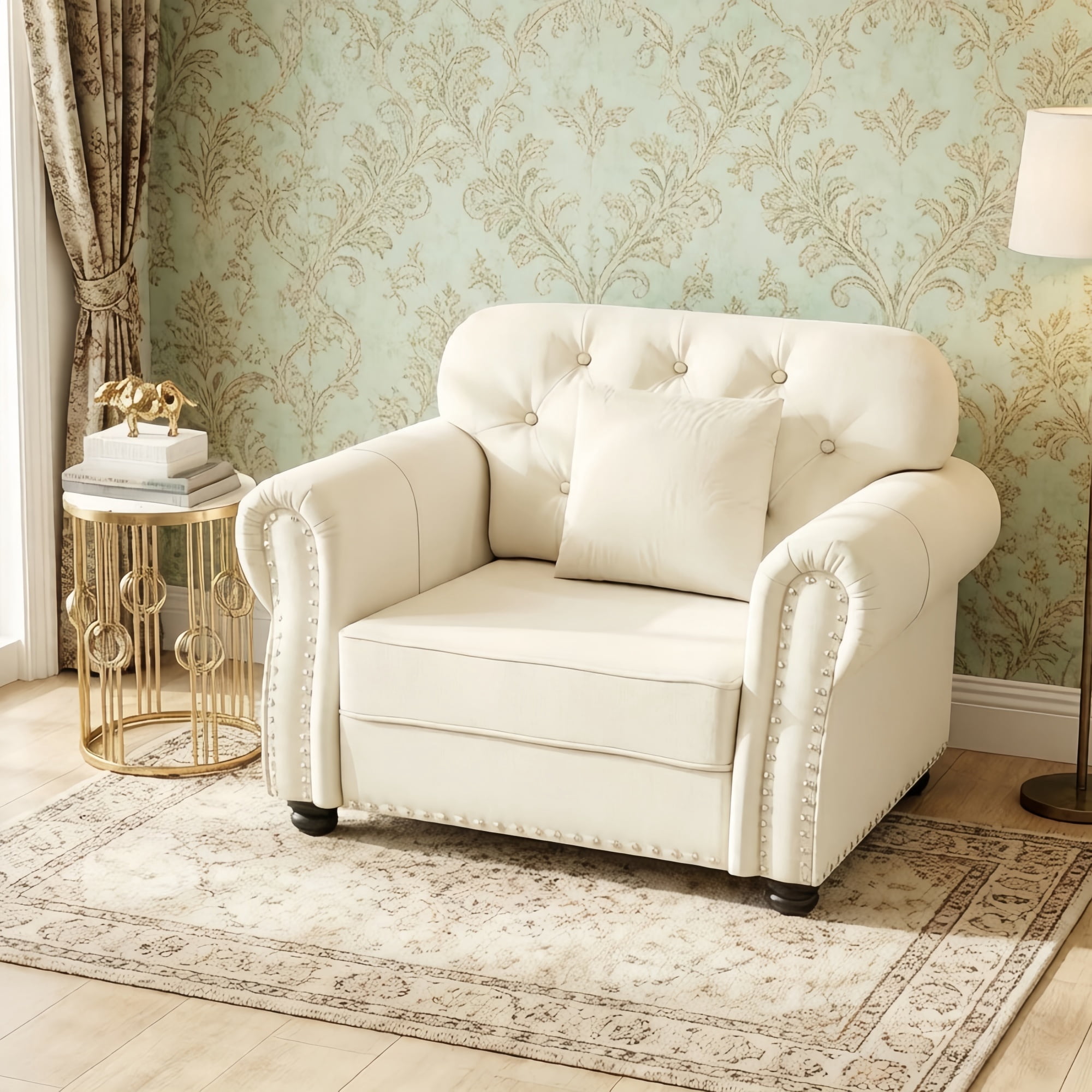 1PCS Upholstered Velvet Single Accent Sofa Chair with Nailhead Trim & Rolled Armrests, Mid-Century Modern Chesterfield Sofa with Pillow