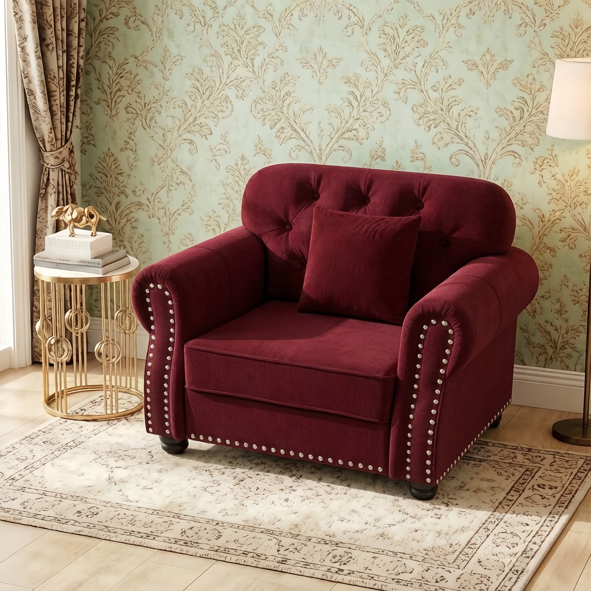 1PCS Upholstered Velvet Single Accent Sofa Chair with Nailhead Trim & Rolled Armrests, Mid-Century Modern Chesterfield Sofa with Pillow