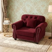 1PCS Upholstered Velvet Single Accent Sofa Chair with Nailhead Trim & Rolled Armrests, Mid-Century Modern Chesterfield Sofa with Pillow