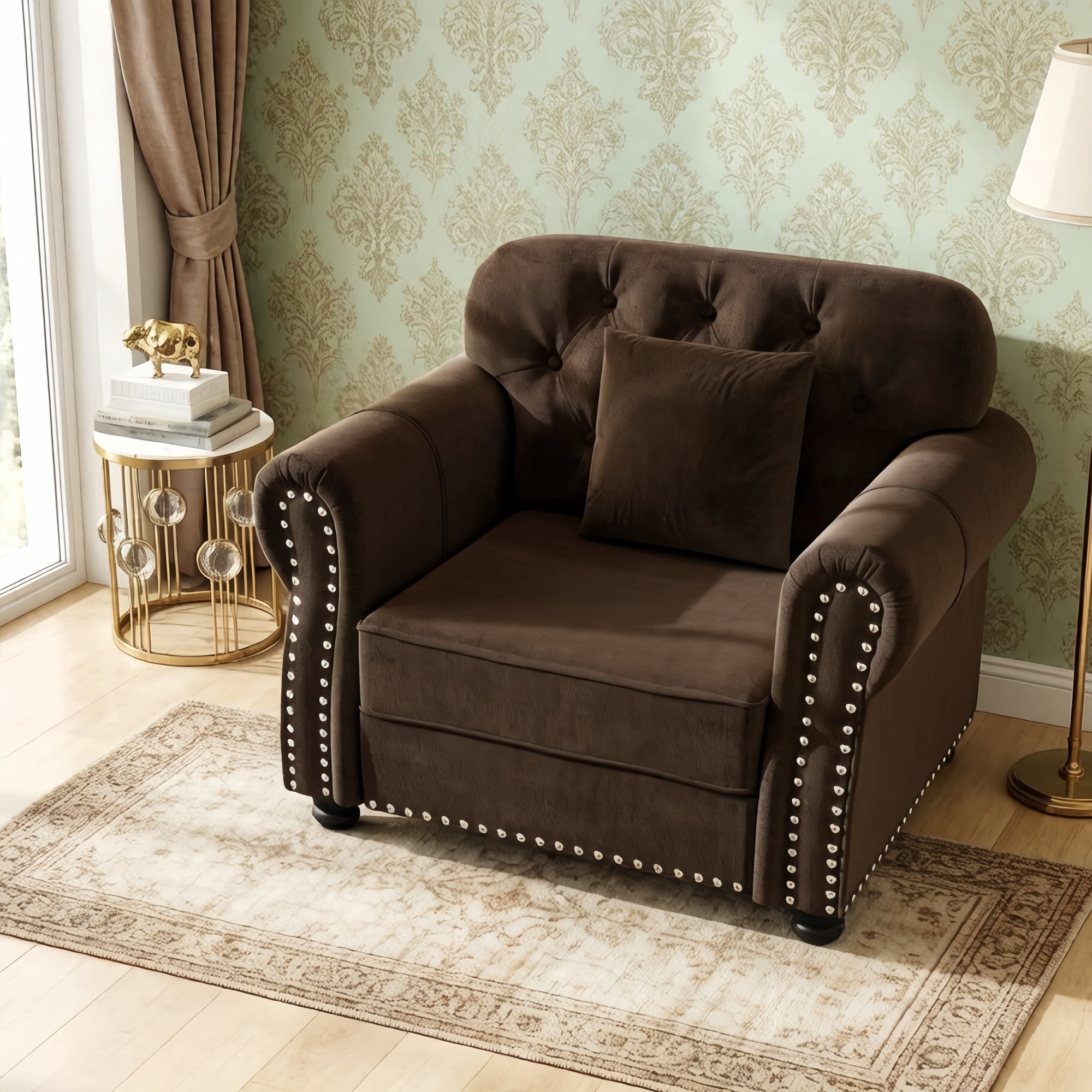 1PCS Upholstered Velvet Single Accent Sofa Chair with Nailhead Trim & Rolled Armrests, Mid-Century Modern Chesterfield Sofa with Pillow