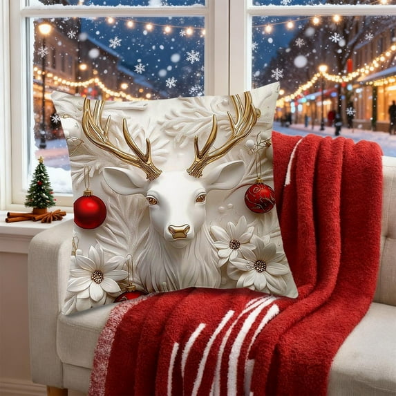 1PCS White Relief Aesthetic Christmas Throw Pillow Covers 18x18 in , Soft Comfy Xmas Santa Claus Trees Pillow Cases, Poinsettia Snowman Reindeer 3D Decor for Couch Sofa Living Room Bed
