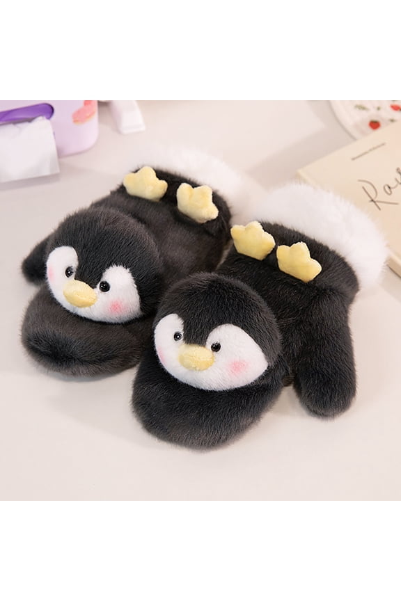 1PCS Women Penguin Mitten Gloves Winter Warm Lining Cozy Knit Pluffy Fuzzy Faux Fur Mitten,Black