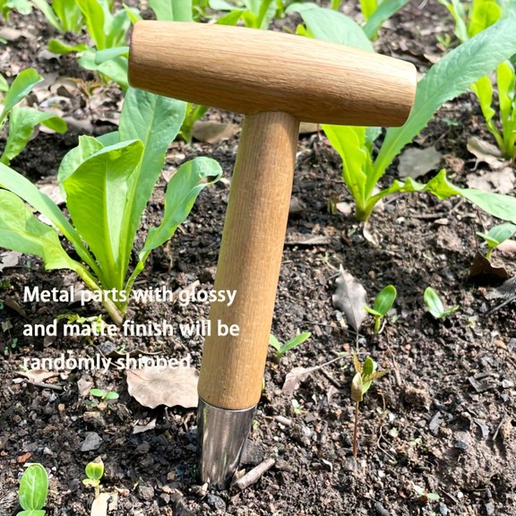 1PCS Wooden Handle Garden Dibber, 11" Long Stainless Steel Seedling Planting Hole Maker, 4.5" T-Handle Transplanting Tool for Planting Seeds, Bulbs, Flowers and Vege