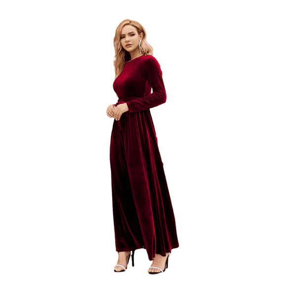 1PCS gold velvet long dress-red-L