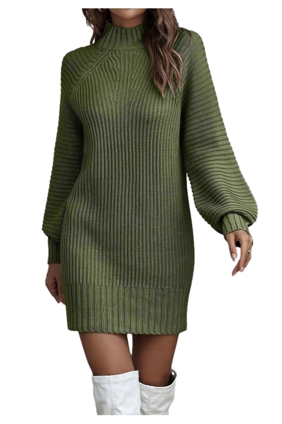 1PCS solid color turtleneck dress-military green